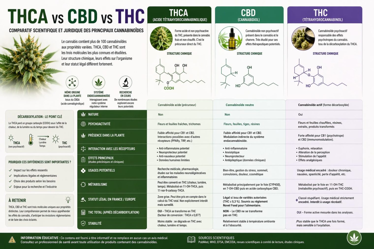 THCA vs CBD vs THC : comparatif complet, scientifique et juridique des principaux cannabinoïdes
